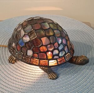 Vintage Tiffany Style Blue Stained Glass Turtle Lamp 1999